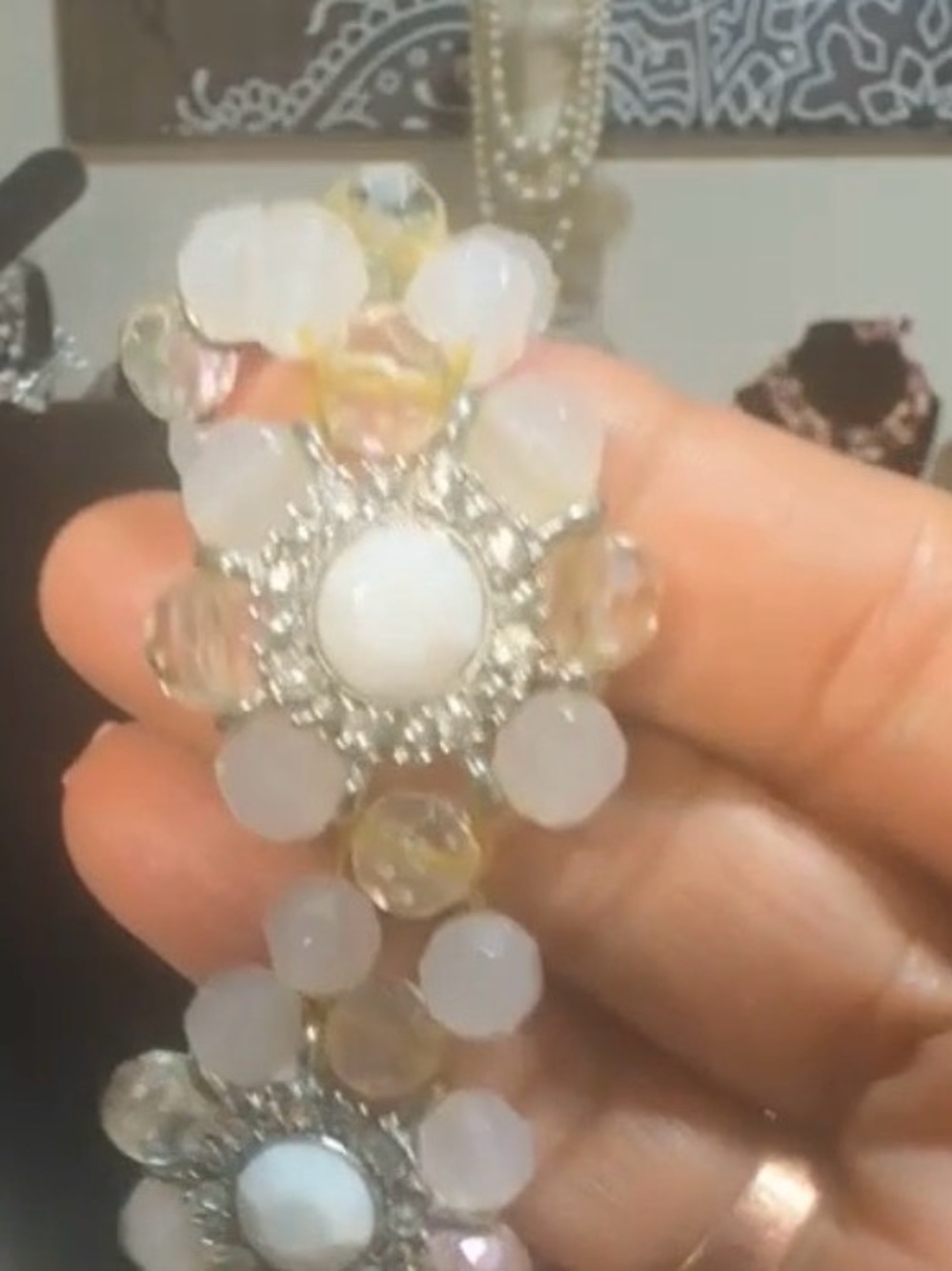 Handcrafted White and Iridescent Floral Statement Bracelet vintage